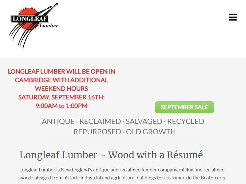 A screenshot of the Longleaf Lumber website.