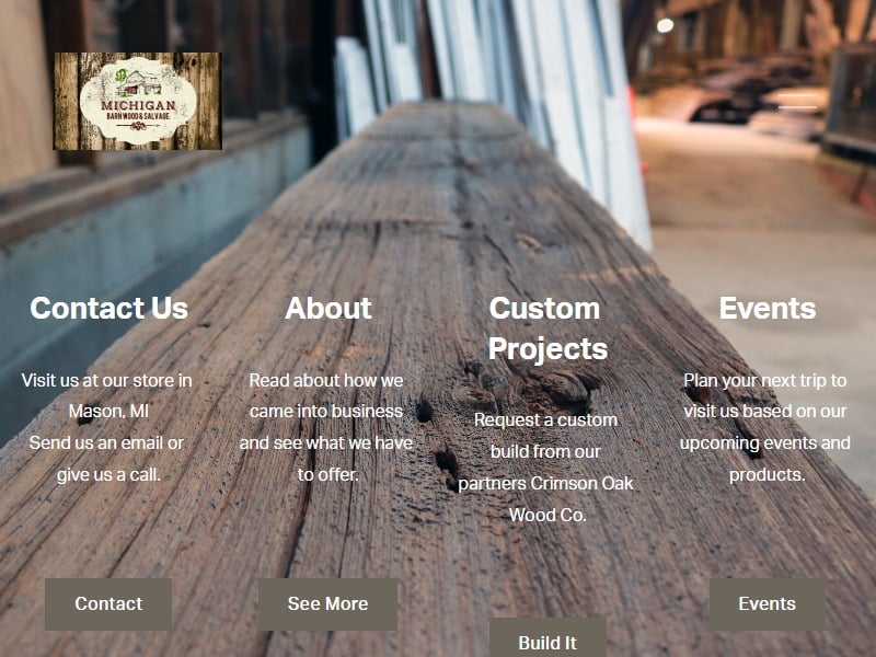 A screenshot of the Michigan Barn Wood & Salvage website.