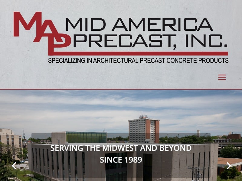 A screenshot of the Mid America Precast, Inc. website.