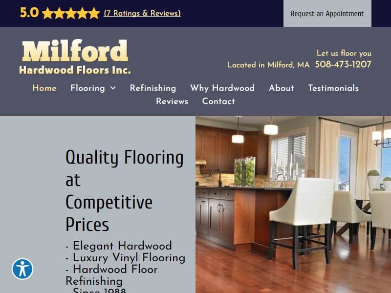 A screenshot of the Milford Hardwood Floors, Inc. website.