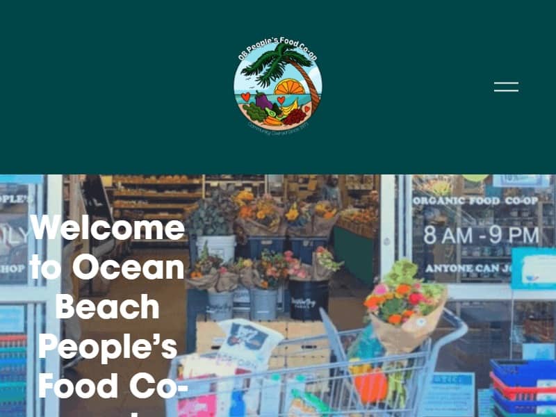 A screenshot of the Ocean Beach People’s Organic Food Co-op website shows a shop front with a shopping cart outside.