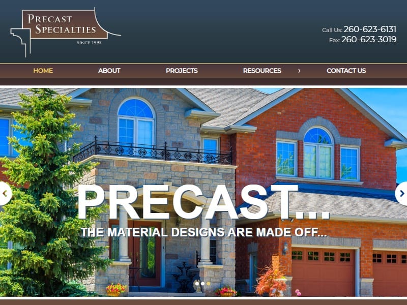 A screenshot of the Precast Specialties website.