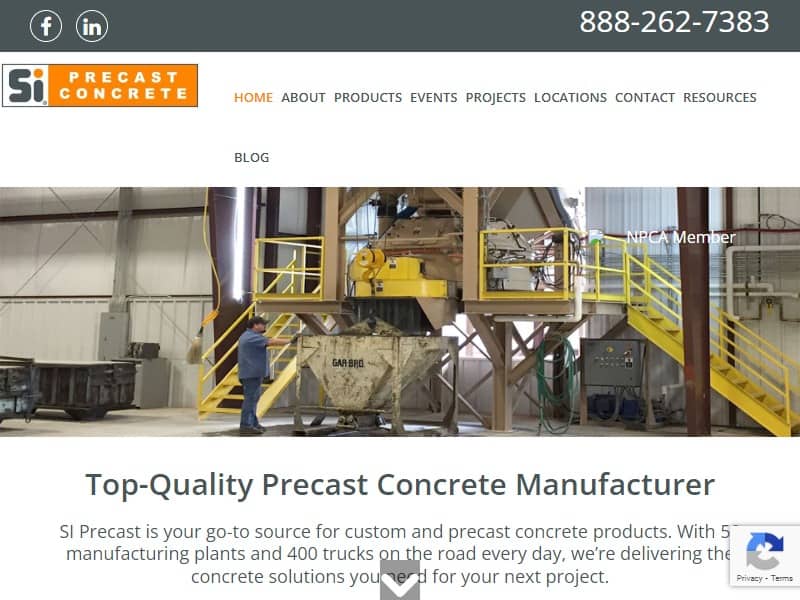 A screenshot of the SI Precast Concrete website.