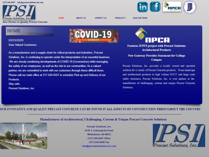 A screenshot of the Precast Solutions, Inc. website.