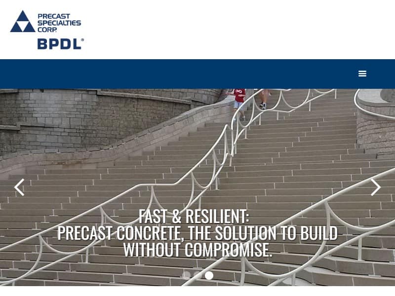 A screenshot of the Precast Specialties Corp. website.