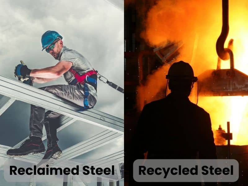 Two photographs of different types of steel processes illustrate the difference between reclaimed (or reused) steel and recycled steel. The photo on the left shows a worker in a hard hat and harness demounting a steel member (steel reuse); the caption to the image is "reclaimed steel." The photo on the right shows a worker monitoring a steel furnace with red-hot steel being remelted in the furnace (steel recycling); the caption of this image is "recycled steel."