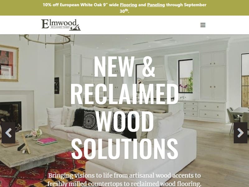 A screenshot of the Elmwood Reclaimed Timber website.