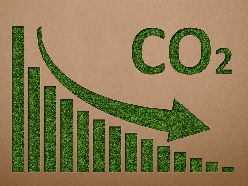 A stylized bar chart showing reducing CO2 emissions. The chart's background is textured brown, like brown paper, and the bars and labels are filled with green grass.