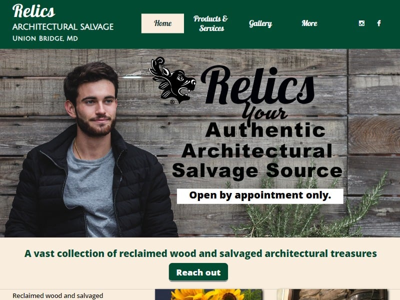 A screenshot of the Relics Architectural Salvage website.