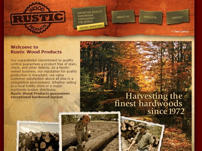 A screenshot of the Rustic Wood Products, Inc. website.