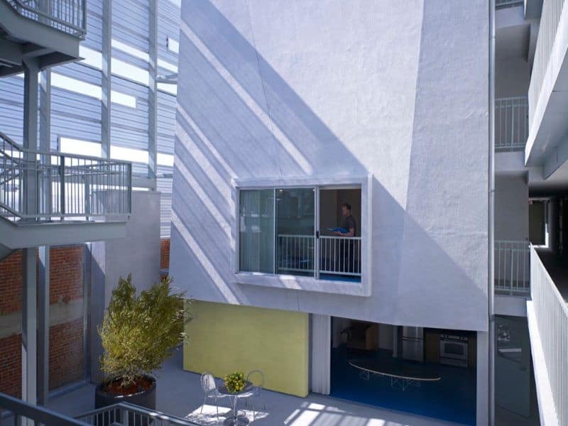 A photograph of an inner courtyard in the "Step Up on 5th" development.