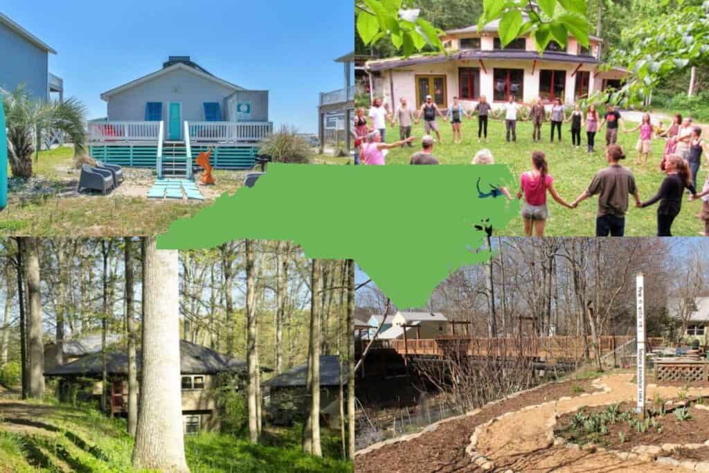 Four photographs of Eco-Friendly Green Buildings in North Carolina with a green map of North Carolina in the center.