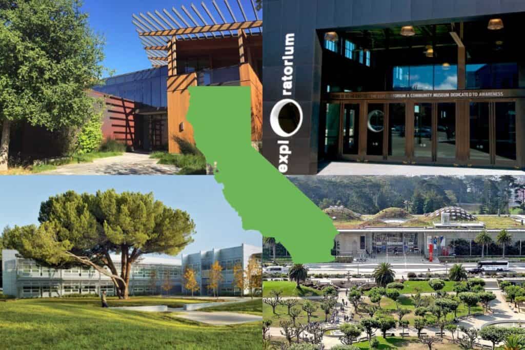 Four photographs of Eco-Friendly Sustainable Buildings in California with a green outline map of California in the center.