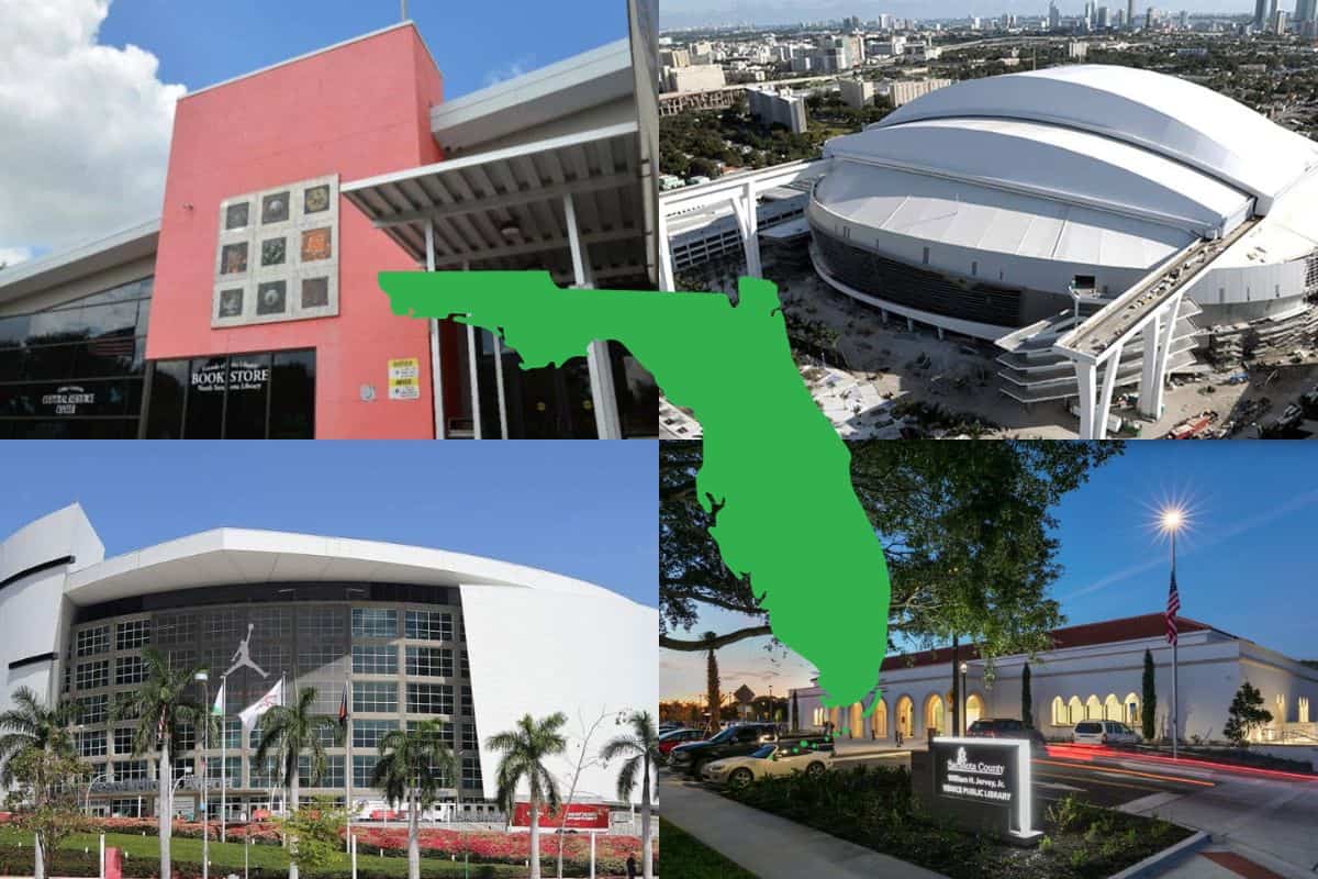 Four photographs of Eco-Friendly Sustainable Buildings in Florida with a green map of Florida in the center.