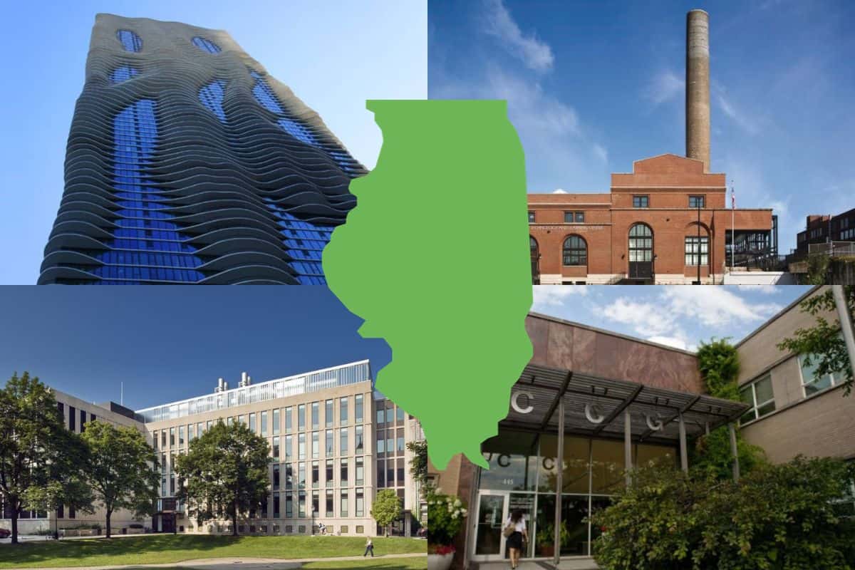 Four photographs of Eco-Friendly Sustainable Buildings in Illinois with a green map of Illinios in the center.