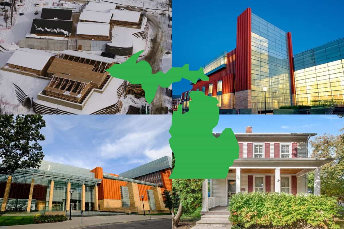 Four photographs of Eco-Friendly Sustainable Buildings in Michigan with a green map of Michigan in the center.