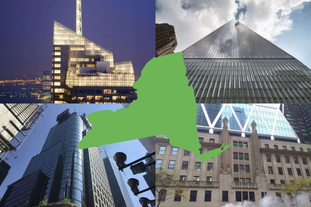 Four photographs of Eco-Friendly Sustainable Buildings in New York with a green map of New York in the center.