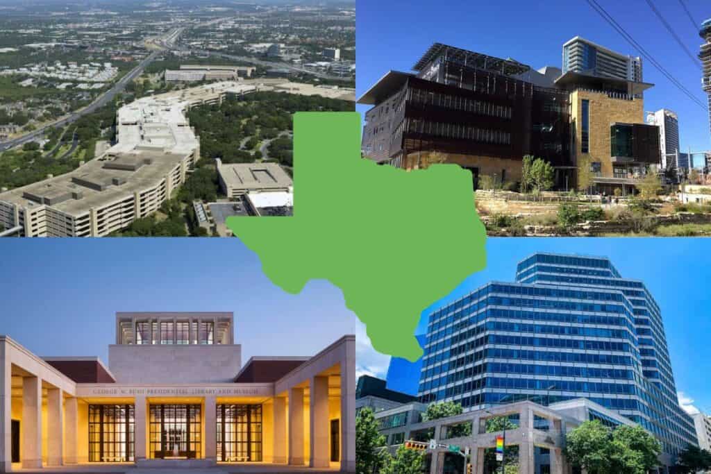 Four photographs of Environmentally Friendly Green Buildings in Texas with a green map of Texas in the center.