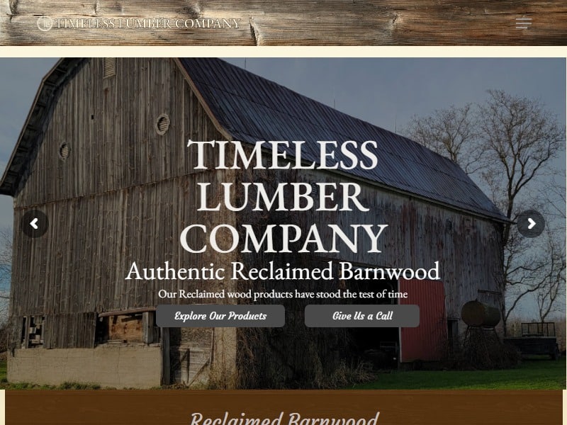 A screenshot of the Timeless Lumber Company website.