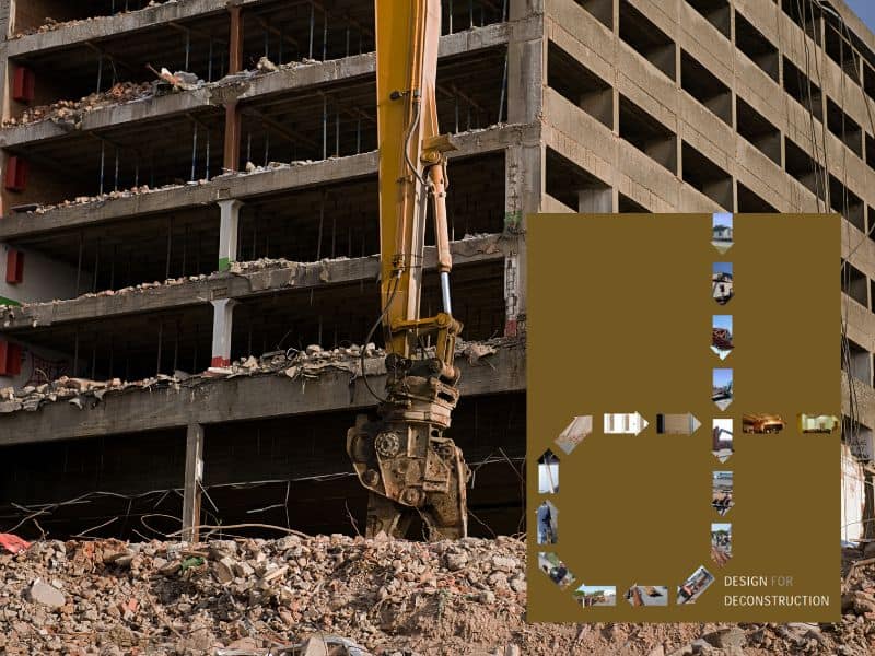 A photograph of a multi-story building being demolished. In the foreground is a large mechanical demolition machine. On the right is a picture of the front cover of the "Design for Deconstruction" document published by the U.S. EPA.