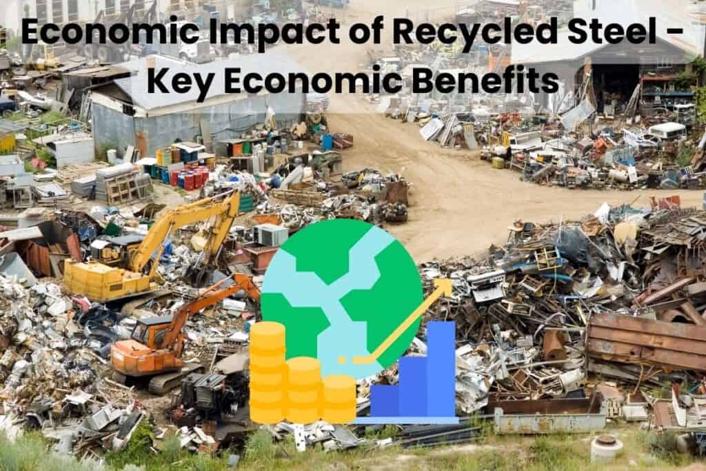 Two mechanical grabs sort materials in a scrapyard containing lots of salvaged steel. Across the top of the image are the words "Economic Impact of Recycled Steel - Key Economic Benefits." in the lower center is a graphic showing a rising graph with gold coins and a globe behind.