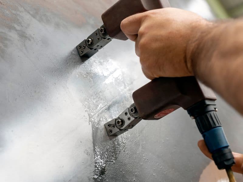 A magnetic testing device is held to the surface of a metal tube to test whether it is ferrous metal or non-ferrous.