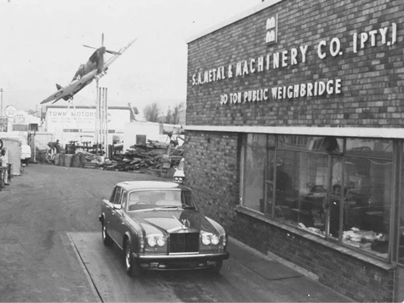 An early black and white photograph of the premises of SA Metal Group, South Africa.