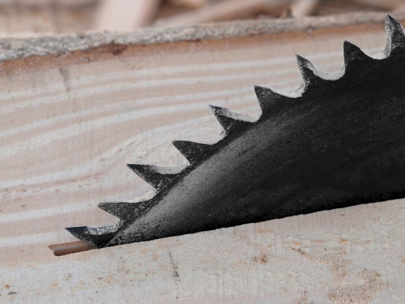 A vanadium steel circular saw blade cuts through a piece of wood.