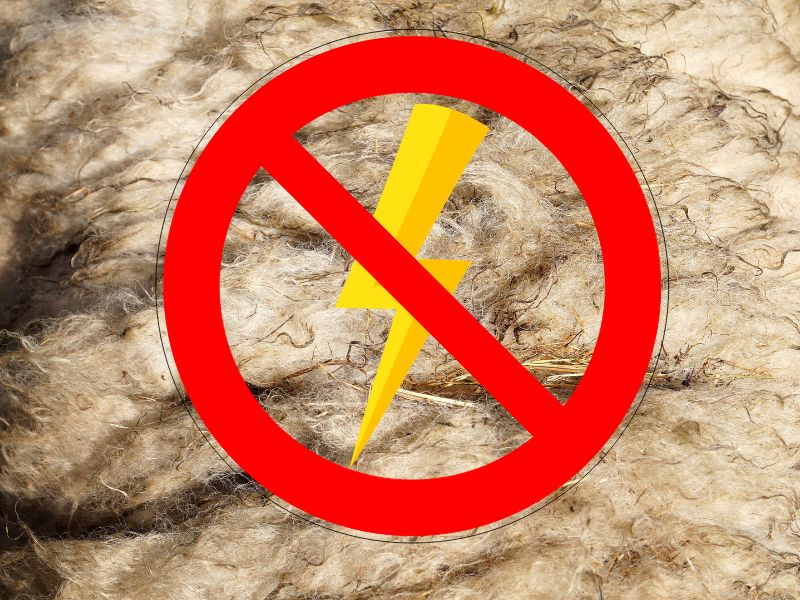 A photograph of sheep's wool with an electricity symbol in the shape of a yellow lightning bolt overlain with a red circle with a diagonal red line across it.