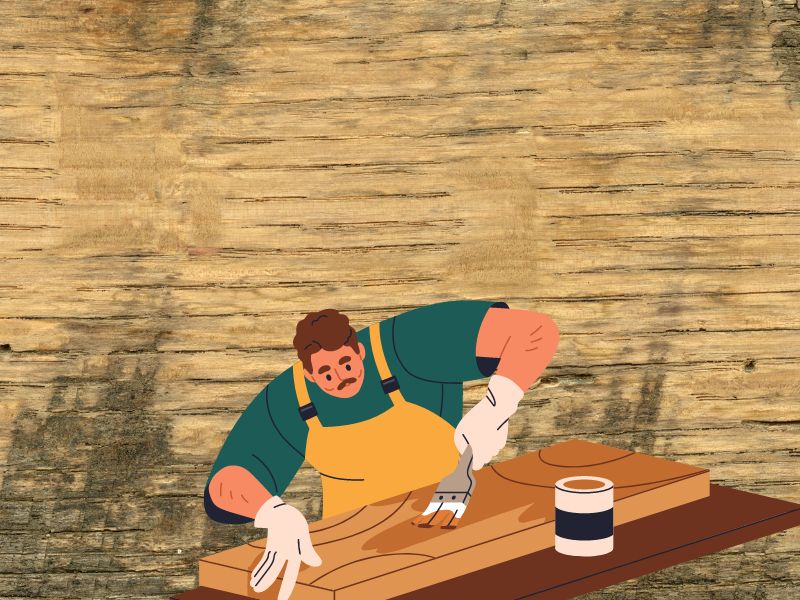 A photograph of a sheet of reclaimed wood with a cartoon overlay of a carpenter varnishing wood.