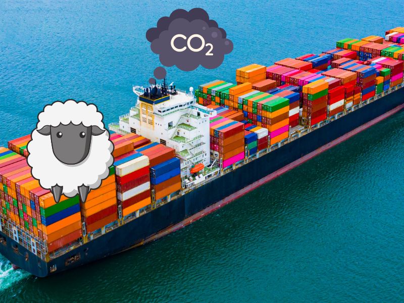 A large container ship with CO2 cloud coming out of its exhaust and a big cartoon sheep on the containers at the stern.