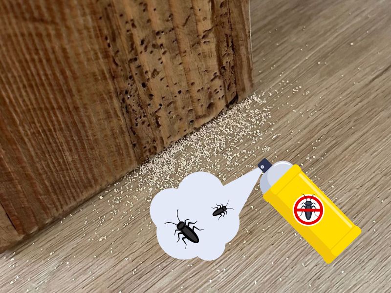 Evidence of woodworm in a wooden beam. There are holes in the affected piece and there is sawdust beneath it. A cartoon overlay shows a yellow can of pesticide spraying chemicals onto the insects.