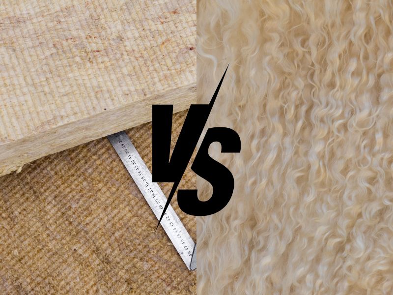 A photograph showing rockwool insulation on the left and a photograph of sheep's wool on the right. In the center are  the letters "VS".