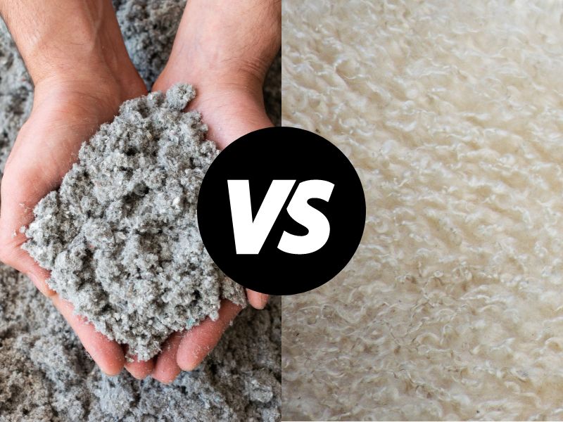 A photograph showing cellulose insulation on the left and a photograph of sheep's wool on the right. In the center are the letters "VS".