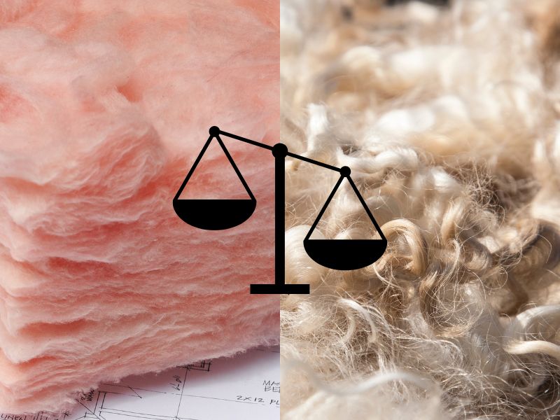 Pink fiberglass insulation rests on architect's drawings in the photograph on the left of the image. The right half of the image is a close up of sheep's wool. In the center is a set of scales to indicate the pros and cons of sheep's wool insulation compared with fiberglass.