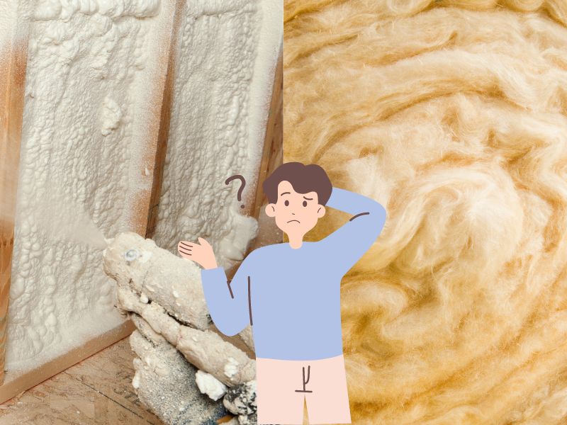 Spray foam insulation is applied to a stud wall using a spray gun in the photograph on the left of the image. The right half of the image is a close-up of a roll of sheep's wool insulation. In the center is a cartoon man with a confused expression and question mark beside his head.