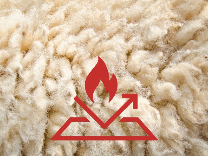 A photograph of a sheep's fleece in close up with a fire resistant icon in red.