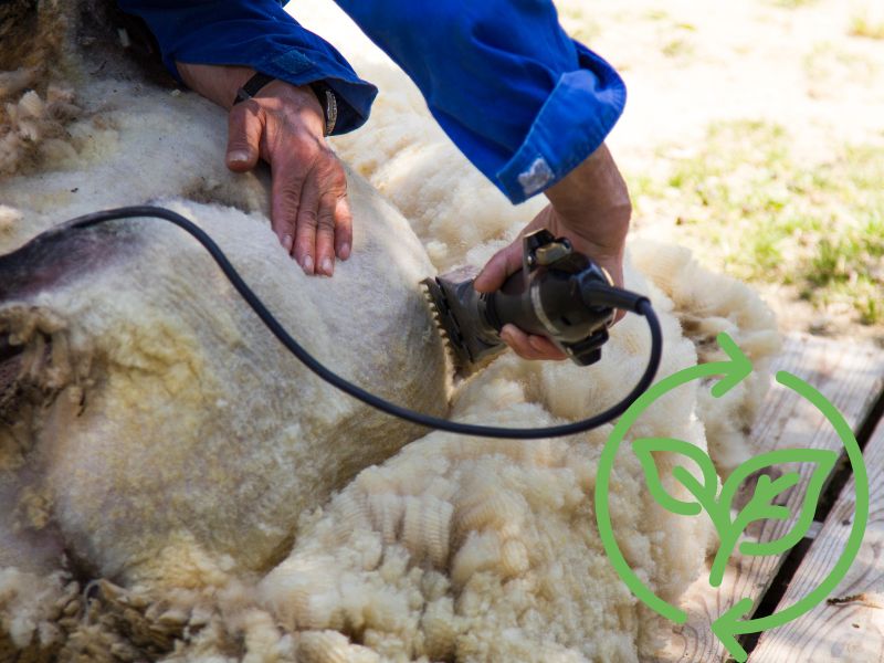 A farmer wearing a bright blue shirt shears a sheep with electric clippers to obtain its fleece. In the bottom right of the image is a renewable icon with green leaves inside circular arrows.