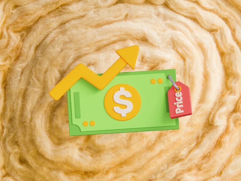 A roll of sheep's wool insulation with a green cartoon dollar with a red price tag and a yellow upwards zigzagging arrow.