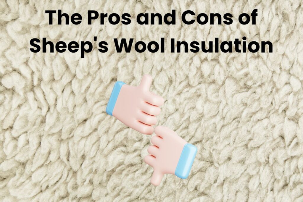 A photograph of sheep's wool with cartoon thumbs up and thumbs down images overlay. Across the top of the image are the words "The Pros and Cons of Sheep's Wool Insulation."