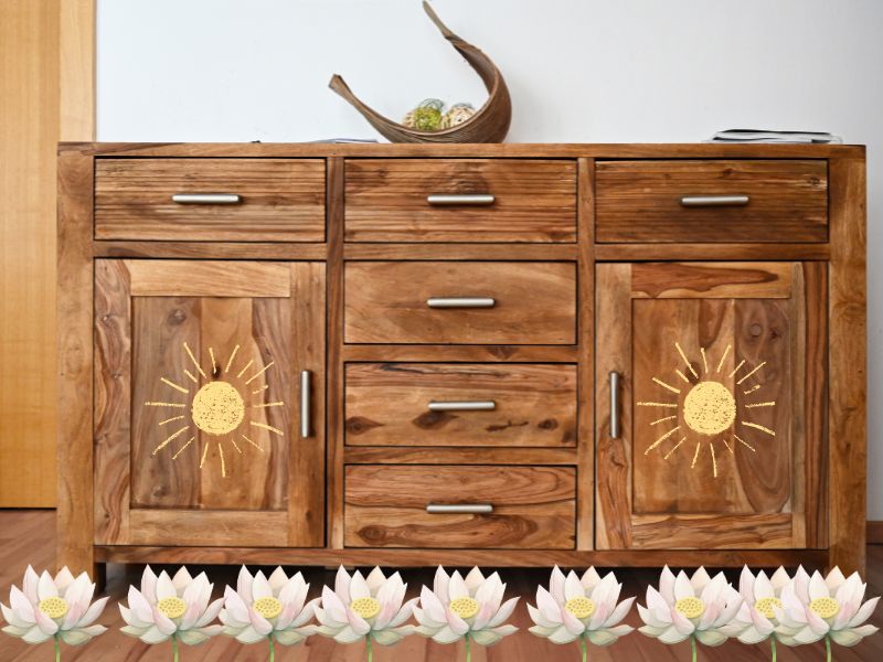 A reclaimed wood cabinet with steel handles. Along the bottom are pretty flowers and hand-drawn suns are emblazoned on the doors.