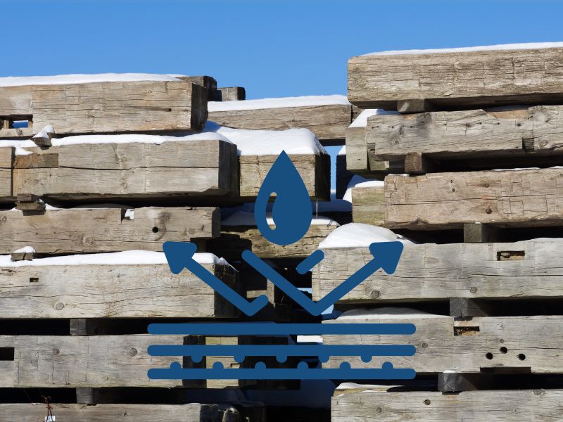 Reclaimed wood beams stacked in a lumber yard. A blue cartoon image is overlain showing a water droplet being deflected thanks to its moisture resistance.