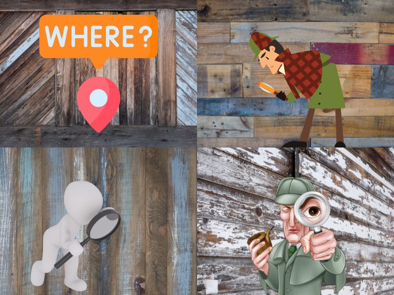 A collage of photographs of reclaimed wood with various cartoon characters searching, including Sherlock Holmes with his iconic magnifying glass. The image in the top left includes a pin with the word "where?" above.