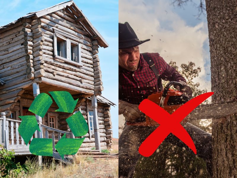 A photograph of an old wooden house on the left of the image with a green textured recycling symbol. On the right of the image is a photograph of a lumberjack wearing a red and black plaid shirt and black trilby hat cutting down a tree with an orange chainsaw.