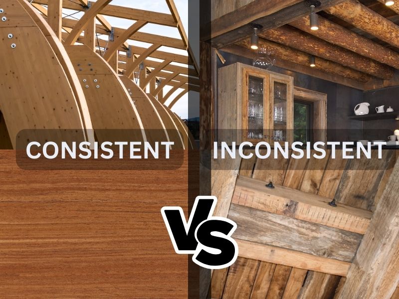 A collage of photographs showing highly consistent new wood on the left of the image and inconsistent reclaimed wood of different colors and grain patterns on the right . in the center are the letters "VS" and the words "consistent" and "inconsistent" are overlain across the examples of the two types of wood.