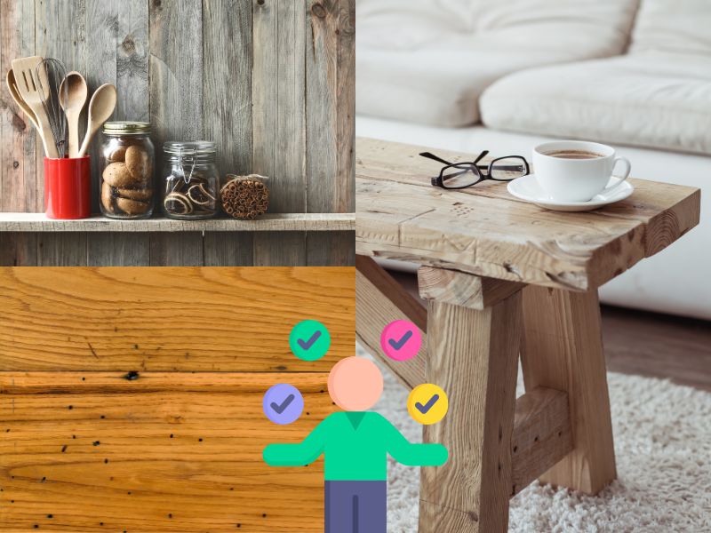 A collage of photographs showing the different uses of reclaimed wood. The bottom left shows a reclaimed wood floor, top left shows reclaimed wood shelving with kitchen items and reclaimed wood paneling behind. On the right of the image is a photograph of a reclaimed wood coffee table with a pair of glasses and a cup of coffee. In the middle bottom of the image is a cartoon person juggling balls with ticks in them to indicate the wide range of uses reclaimed wood can be put to.