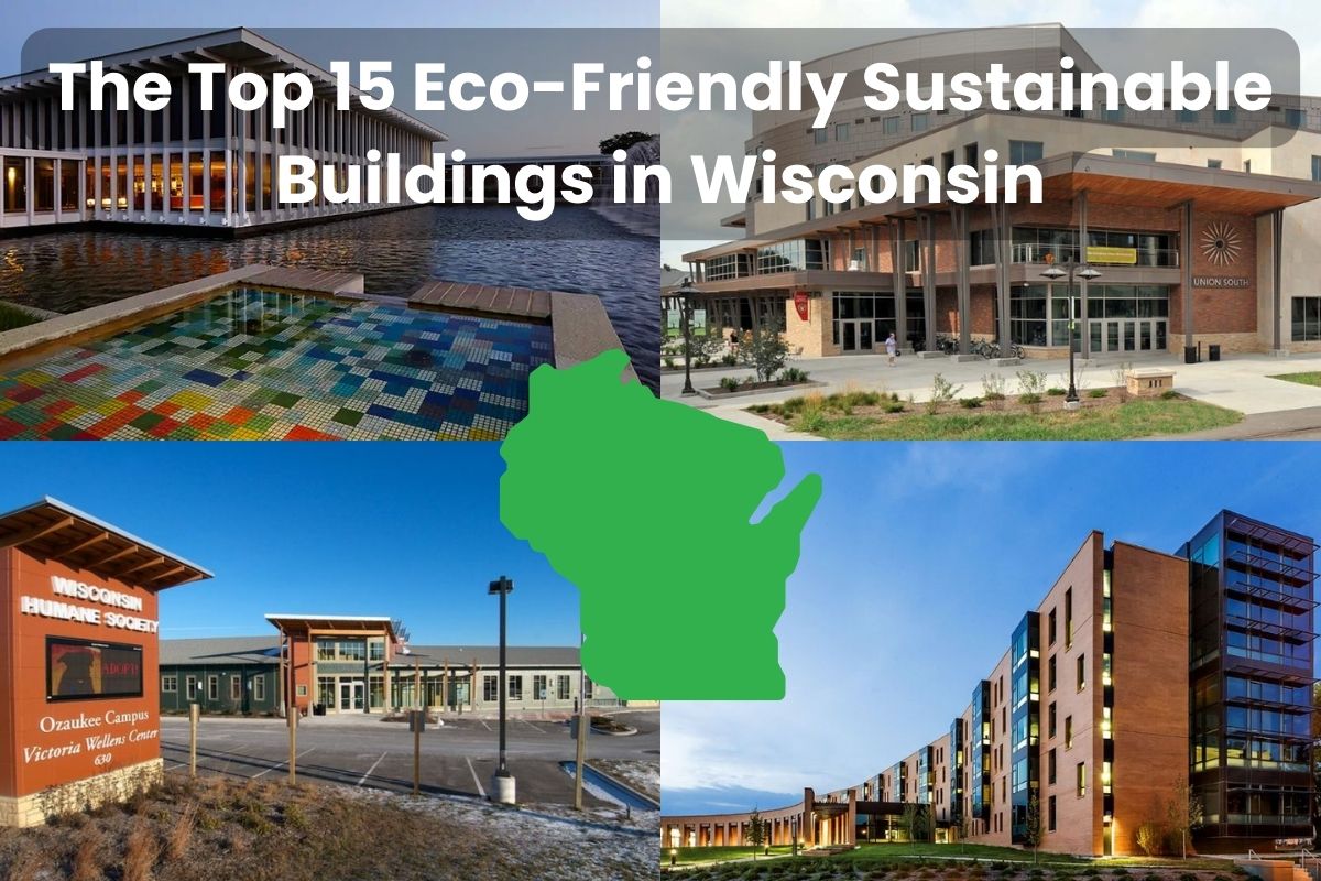 A collage of photographs showing the Top 15 Eco-Friendly Sustainable Buildings in Wisconsin. Across the top of the image are the words "The Top 15 Eco-Friendly Sustainable Buildings in Wisconsin." In the center is a green outline map of Wisconsin.