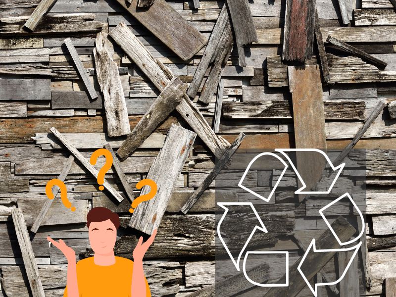 A photograph of multiple scraps of reclaimed wood arranged on a wooden floor. In the bottom left of the image is a cartoon person raising their hands in question with orange question marks above their head. In the bottom right is a white recycling symbol on a dark gray background.