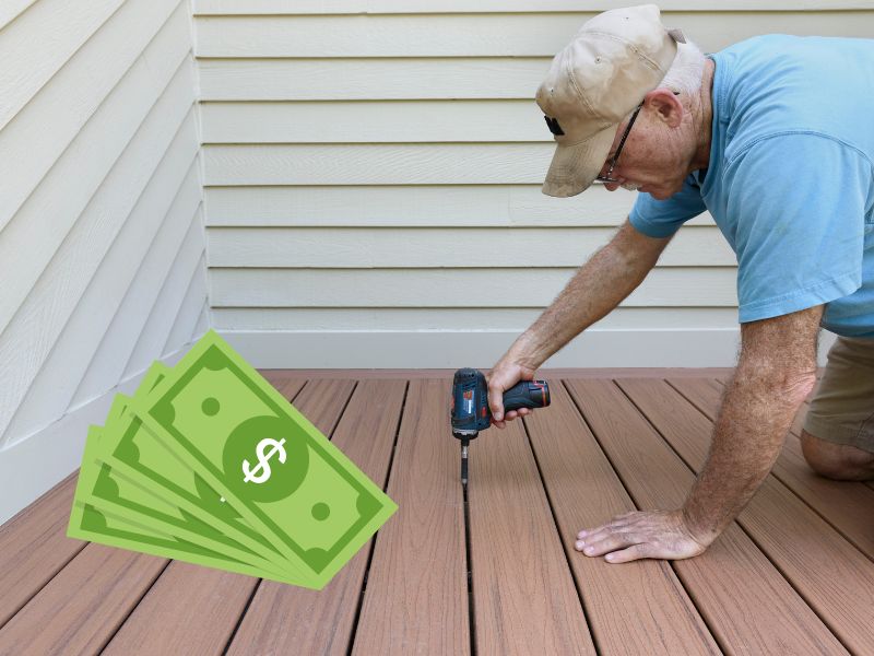 A worker uses a drill to install a composite deck. He has gray hair and wearsglasses, a beige cap, a light blue T-shirt and beige shorts. He is kneeling on the deck while working. In the bottom right of the photograph is a fan of green dollars.