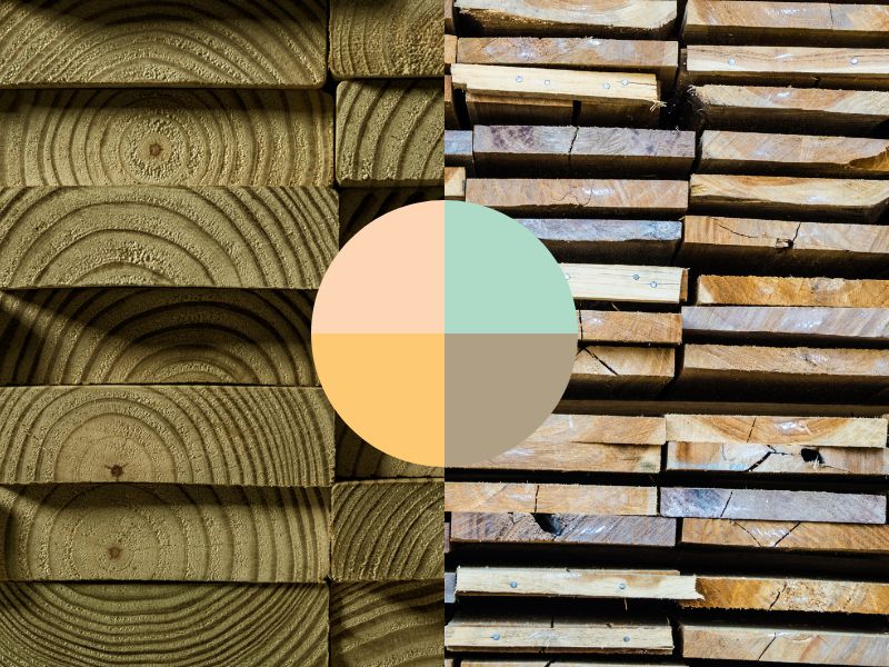 Stacks of wood shown with the end-grain visible. The wood cross-section is different colors. In the center of the image is a circle divided into different colors, including green, and various different shades of brown.